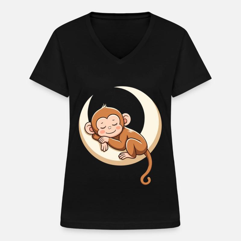 Sleeping monkey on moon pillow - Women's V-neck T-shirt - black