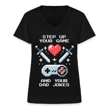 Monter de niveau & Blagues de Papa | Patchwork de papa bonus - T-shirt col V Femme - noir - Devant - Lela (165cm)