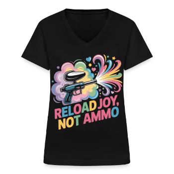 Paintball Fun T-Shirt Reload Joy Not Ammo - Frauen-T-Shirt mit V-Ausschnitt - Schwarz - Vorne - Lela (165cm)