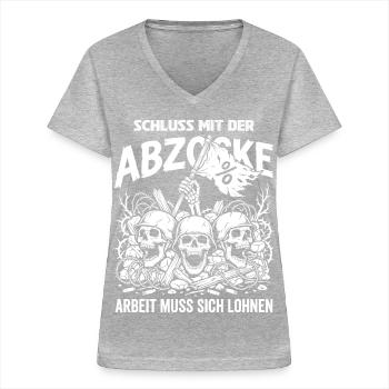 Mettez fin à l’arnaque : le travail en vaut la peine - T-shirt col V Femme - gris chiné - Devant - Lela (165cm)