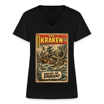 Kraken Sea Monster Vintage Comic - Women's V-neck T-shirt - black - Front - Lela (165cm)