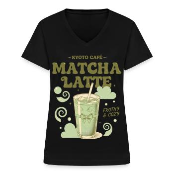 Kyoto Cafe Matcha Latte Schaumiger und gemütlicher Matcha-Tee - Frauen-T-Shirt mit V-Ausschnitt - Schwarz - Vorne - Lela (165cm)