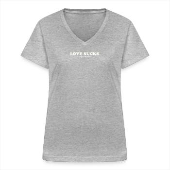 L’AMOUR CRAINT - JE PRÉFÈRE LE CHOCOLAT - T-shirt col V Femme - gris chiné - Devant - Lela (165cm)