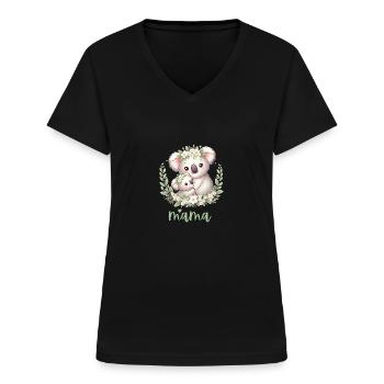 Maman Koala ours câlin I Couronne florale maman I Koala - T-shirt col V Femme - noir - Devant - Lela (165cm)