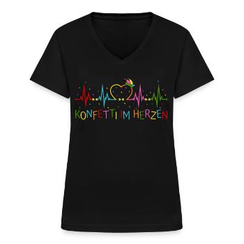 Fasching Herzschlag EKG Konfetti im Herzen Party - Frauen-T-Shirt mit V-Ausschnitt - Schwarz - Vorne - Lela (165cm)