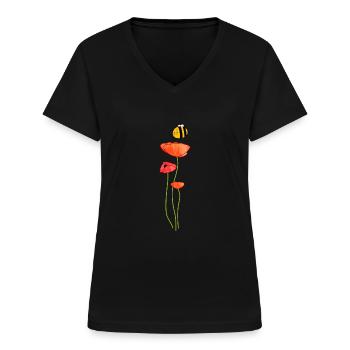 Mohn mit Biene - Frauen-T-Shirt mit V-Ausschnitt - Schwarz - Vorne - Lela (165cm)