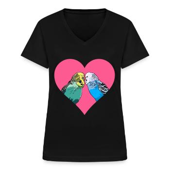 Conception d'amour avec des perruches colorées - T-shirt col V Femme - noir - Devant - Lela (165cm)
