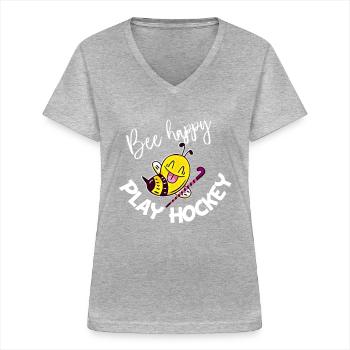 Bee Happy Play Hockey - Women's V-neck T-shirt - sports grey - Front - Lela (165cm)