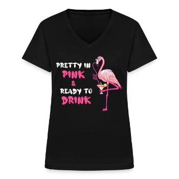Flamingo Pretty In Pink And Ready To Drink - Frauen-T-Shirt mit V-Ausschnitt - Schwarz - Vorne - Lela (165cm)