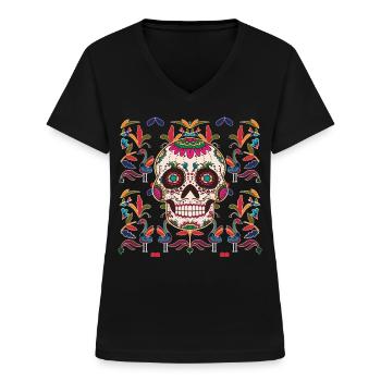 Skull Sugar Skull Mexico Pattern, Day of the Dead - Women's V-neck T-shirt - black - Front - Lela (165cm)