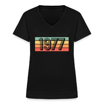 Jahrgang 1977 - Frauen-T-Shirt mit V-Ausschnitt - Schwarz - Vorne - Lela (165cm)