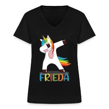 Frieda Name Vorname Namenstag Einhorn Geschenk - Frauen-T-Shirt mit V-Ausschnitt - Schwarz - Vorne - Lela (165cm)