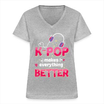 K-Pop - T-shirt col V Femme - gris chiné - Devant - Lela (165cm)