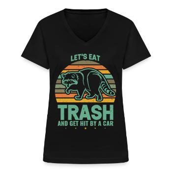 Retro Vintage Racoon Lets Eat - T-shirt col V Femme - noir - Devant - Lela (165cm)