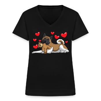 American Akita avec animal en peluche - T-shirt col V Femme - noir - Devant - Lela (165cm)