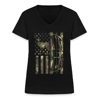Pfeil & Bogen Hirsch Jäger Bogenjagd Hirsch Jagd - Frauen-T-Shirt mit V-Ausschnitt - Schwarz - Vorne - Lela (165cm)