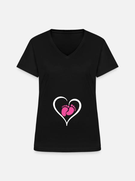 Grossesse Bébé Fille - T-shirt col V Femme - noir