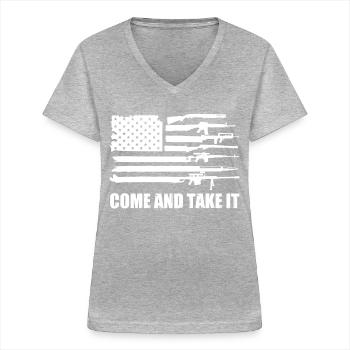 USA Gun Flag, Come and Take It, 2nd Amendment, - Women's V-neck T-shirt - sports grey - Front - Lela (165cm)