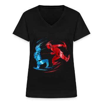Sport Escrime Deux adversaires en combat à l’escrime - T-shirt col V Femme - noir - Devant - Lela (165cm)