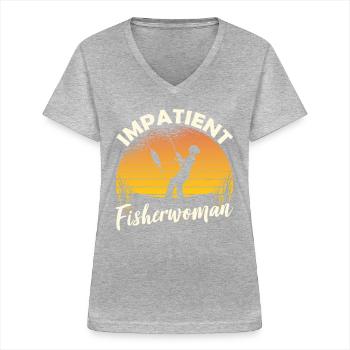 Pêcheuse impatiente Pêche Pêcheurs Pêche - T-shirt col V Femme - gris chiné - Devant - Lela (165cm)