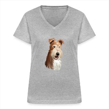 Wire Fox Terrier Dog Watercolor Illustration - Women's V-neck T-shirt - sports grey - Front - Lela (165cm)