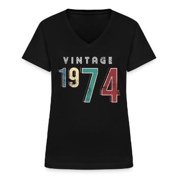 Vintage 1974 Birthday Born in 1974 - Women's V-neck T-shirt - black - Front - Lela (165cm)