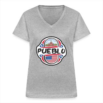 Pueblo USA Drapeau des États-Unis Souvenir de voyage Badg - T-shirt col V Femme - gris chiné - Devant - Lela (165cm)