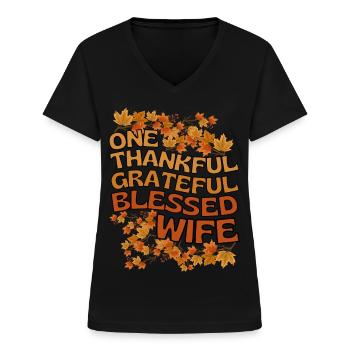 Thankful Wife Frau Herbst Blätter Dankbarkeit - Frauen-T-Shirt mit V-Ausschnitt - Schwarz - Vorne - Lela (165cm)