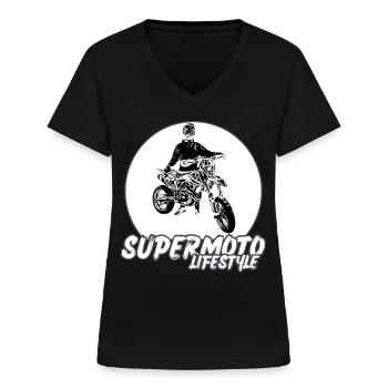 Supermoto / Supermotard / Supermoto Wheelie Biker - Frauen-T-Shirt mit V-Ausschnitt - Schwarz - Vorne - Lela (165cm)