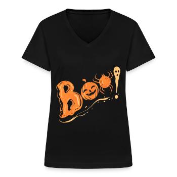 Boo Pumpkin Spider Ghost Scary Halloween - Women's V-neck T-shirt - black - Front - Lela (165cm)