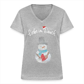 Liebe im Bauch Schwangerschaft Schneemann Xmas - Frauen-T-Shirt mit V-Ausschnitt - Grau meliert - Vorne - Lela (165cm)