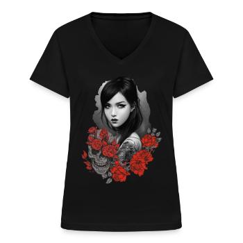 Gothic Biker Girl Rose Blumenschädel Tattoo Goth F - Frauen-T-Shirt mit V-Ausschnitt - Schwarz - Vorne - Lela (165cm)