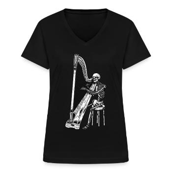Harpiste squelette Halloween Harpiste - T-shirt col V Femme - noir - Devant - Lela (165cm)