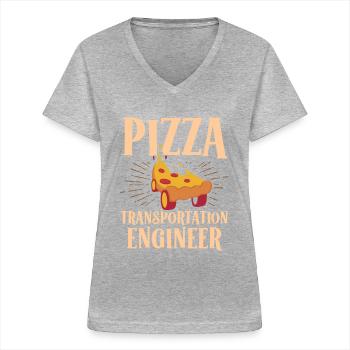 Pizza Transport Engineer Livreur - T-shirt col V Femme - gris chiné - Devant - Lela (165cm)