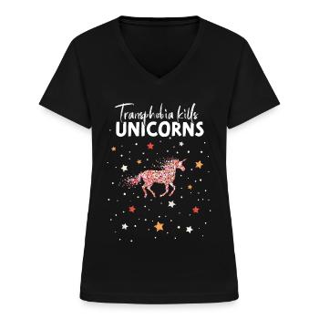 Lesbe Lesbisch Lesben Gay Einhorn Transphobia Homo - Frauen-T-Shirt mit V-Ausschnitt - Schwarz - Vorne - Lela (165cm)