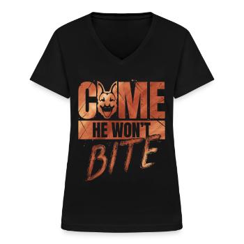 Come, He Won't Bite - Dog Owner - Women's V-neck T-shirt - black - Front - Lela (165cm)