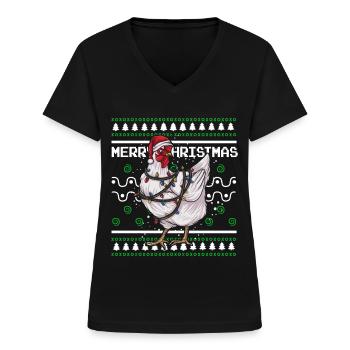 Ugly Christmas Sweater Tshirt Weihnachten Huhn - Frauen-T-Shirt mit V-Ausschnitt - Schwarz - Vorne - Lela (165cm)