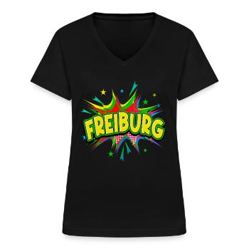 Fribourg Allemagne Ville Pop Art Bande dessinée - T-shirt col V Femme - noir - Devant - Lela (165cm)
