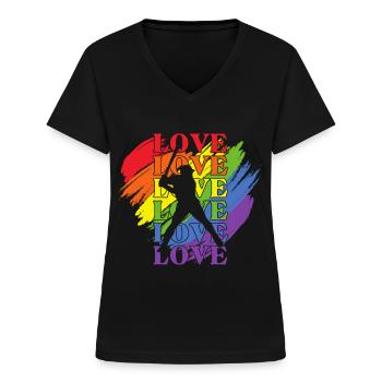 Baseball LGBT Pride - T-shirt col V Femme - noir - Devant - Lela (165cm)