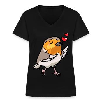 Robin Bird Kawaii Émoticône - T-shirt col V Femme - noir - Devant - Lela (165cm)