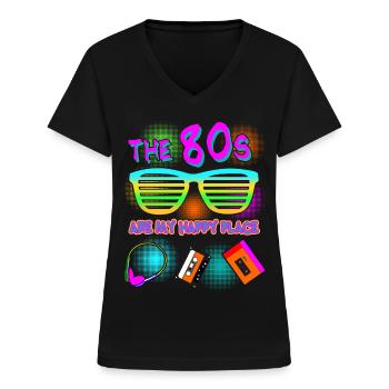 Années 80 1980 Disco Party Années 80 - T-shirt col V Femme - noir - Devant - Lela (165cm)