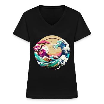 Great Wave Japanese Cherry Blossom Painting - Frauen-T-Shirt mit V-Ausschnitt - Schwarz - Vorne - Lela (165cm)