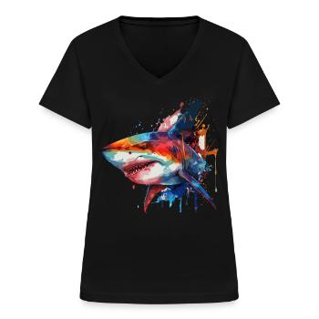 Watercolor Shark Colorful Great White Shark Lover - Frauen-T-Shirt mit V-Ausschnitt - Schwarz - Vorne - Lela (165cm)