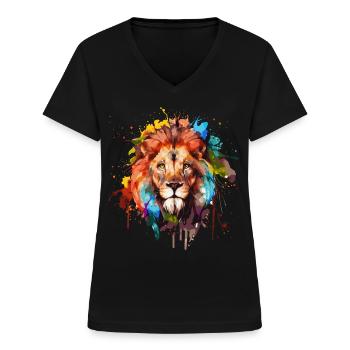 Watercolor Lion Head Colorful Safari African Wildl - Frauen-T-Shirt mit V-Ausschnitt - Schwarz - Vorne - Lela (165cm)