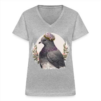 Artistique Pigeon Gris Pigeon Oiseau Fleur Couronne Pet Bi - T-shirt col V Femme - gris chiné - Devant - Lela (165cm)