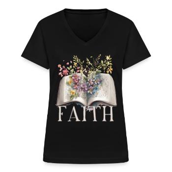 Foi Bible florale Mormon mormon mormonisme - T-shirt col V Femme - noir - Devant - Lela (165cm)