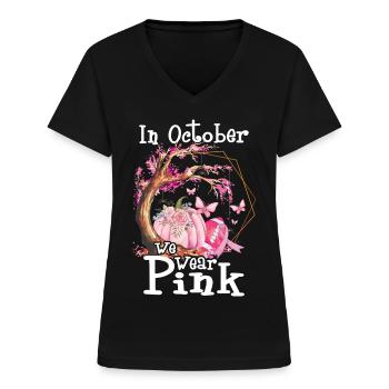 En octobre, nous portons du rose - T-shirt col V Femme - noir - Devant - Lela (165cm)