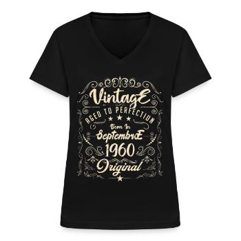 Né En Septembre 1960. anniversaire septembre 1960. - T-shirt col V Femme - noir - Devant - Lela (165cm)