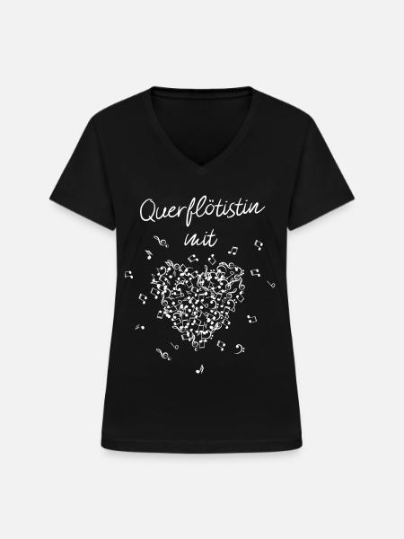 Querflötistin mit Herz Querflöte Marschkapelle - Frauen-T-Shirt mit V-Ausschnitt - Schwarz