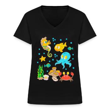 Unterwasser Tiere Meeresbewohner Aquarium Kinder - Frauen-T-Shirt mit V-Ausschnitt - Schwarz - Vorne - Lela (165cm)